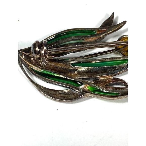 925 Sterling Silver Epoxy Tulips Marcasite Flowers Pin vintage - Picture 5 of 8